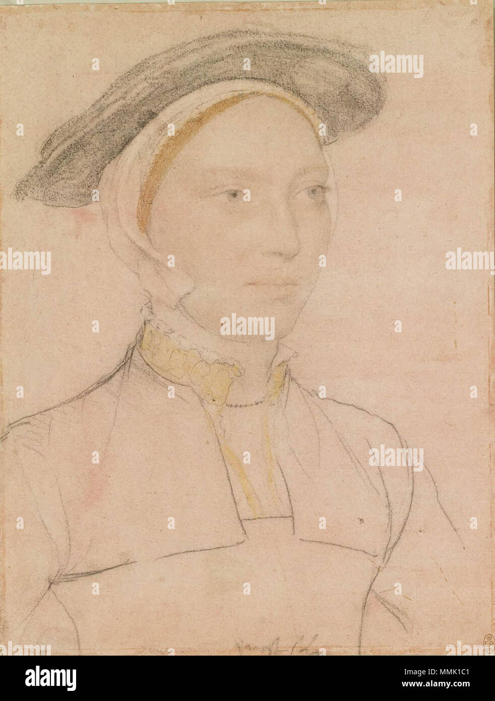 . Anglais : Portrait d'une dame inconnue, probablement l'anglais. Le visage est beaucoup porté par frottement ; les lignes de l'insensible spencer (veste) sont plus tard par des mains (Parker, p. 49). Holbein a noté "amast sh' (noir) de Damas au bas de la feuille. . Vers 1532-43. Hans Holbein (1497/1498-1543) Noms alternatifs Hans Holbein der Jüngere Hans Holbein, peintre et dessinateur allemand Description Date de naissance/décès 1497 ou 1498 entre 7 octobre 1543 et 29 novembre 1543 Lieu de naissance/décès Augsburg Londres lieu de travail de Bâle (1515-1526), Lucerne (1515-1526), Venise (1515) Banque D'Images