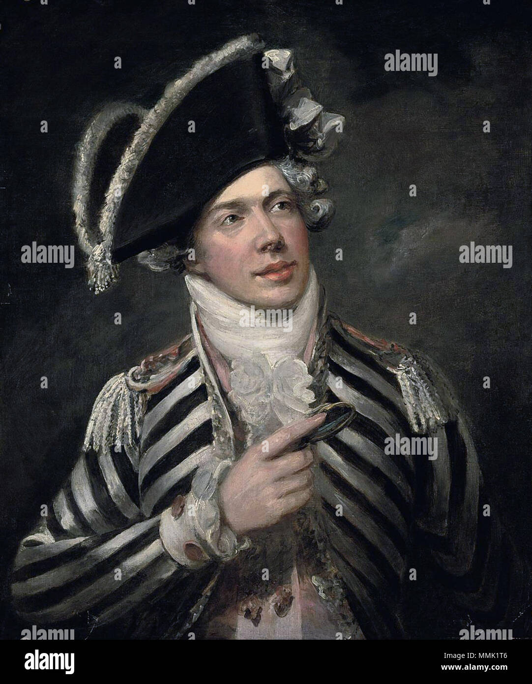 . Anglais : Portrait of a gentleman, traditionnellement identifié comme John Fawcett (1768-1837) que le nombre de '' Friponi, dans un noir et blanc manteau et chapeau noir. La première partie qui a amené John Fawcett dans avis était Comte Friponi dans Bate Dudley's opera des voyageurs en Suisse (1794). huile sur toile 76,5 x 64,2 cm . 19e siècle. George Clint, A.R.A. Londres (1770-1854) George Clint - Portrait d'un gentilhomme, traditionnellement identifié comme John Fawcett Banque D'Images