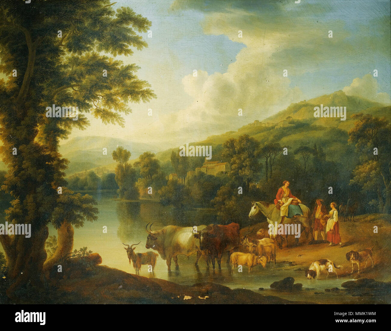 Un paysage rivière boisé avec une femme sur un cheval gris avec des animaux l'arrosage. 1771. Jakob Philipp Hackert - Flusslandschaft mit Reiterin (1771) Banque D'Images