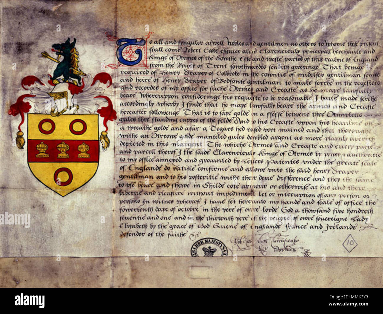. Anglais : Signé subvention du roi d'armes Clarenceux Robert Cooke à Henry Draper de Colnbrook lui donnant le droit d'utiliser l'art héraldique illustré (Golde, sur un ffesse Annulettes résid betwene de gueules, résid standing du cuppes felde), . 14 octobre 1571. Robert Cooke Concession d'armoiries pour Henry Draper de Colnbrook 1571 Banque D'Images
