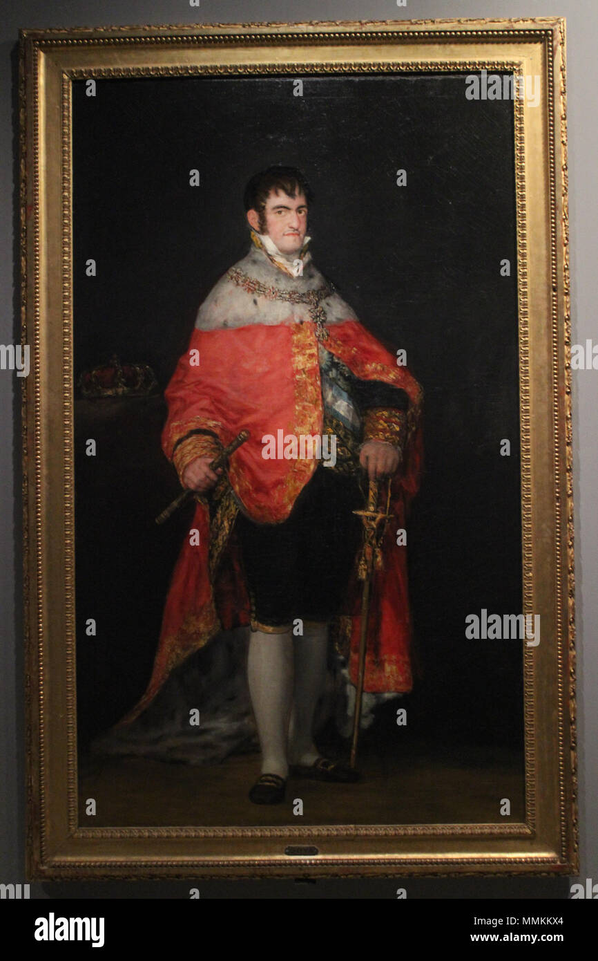 . Español : Retrato del Rey Fernando VII de España (1784-1833). Es una obra con amendes propagandísticos y oficiales, aunque algunos autores destacan que el monarca es mostrado con una gran frialdad" e incluso "antipatía". Pero a pesar de ello Esta obra es considerada uno de los mejores retratos que Francisco de Goya pintó del monarca cuando este regresó un España al término de la Guerra de la Independencia. Y Esta obra, junto con el Retrato del Duque de San Carlos, que también se conserva en el Museo de Zaragoza, le fue encargada un Goya en septiembre de 1814, por la Junta del Canal Imperial de A Banque D'Images