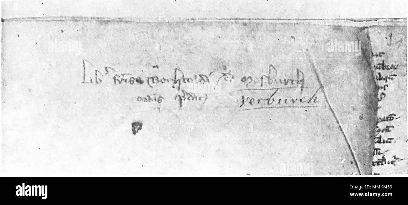 . Anglais : Berthold de propriété de Moosburg note sur Albertus Magnus', De animalibus en deux points. W 258a endpaper. Deutsch : Besitznotiz von Berthold von zu Moosburg Albertus Magnus, De animalibus en deux points. W 258a Vorsatz. . 13e siècle. Albertus Magnus (1200-1280) Noms alternatifs Albert le Grand Albert de Cologne et saint évêque allemand Description English : frère dominicain et un évêque, qui a réalisé la renommée pour ses connaissances approfondies en matière de plaidoyer et à la coexistence pacifique de la science et de la religion. Il fut canonisé par le Pape Pie XI et fait docteur de l'église en 1931. Date Banque D'Images