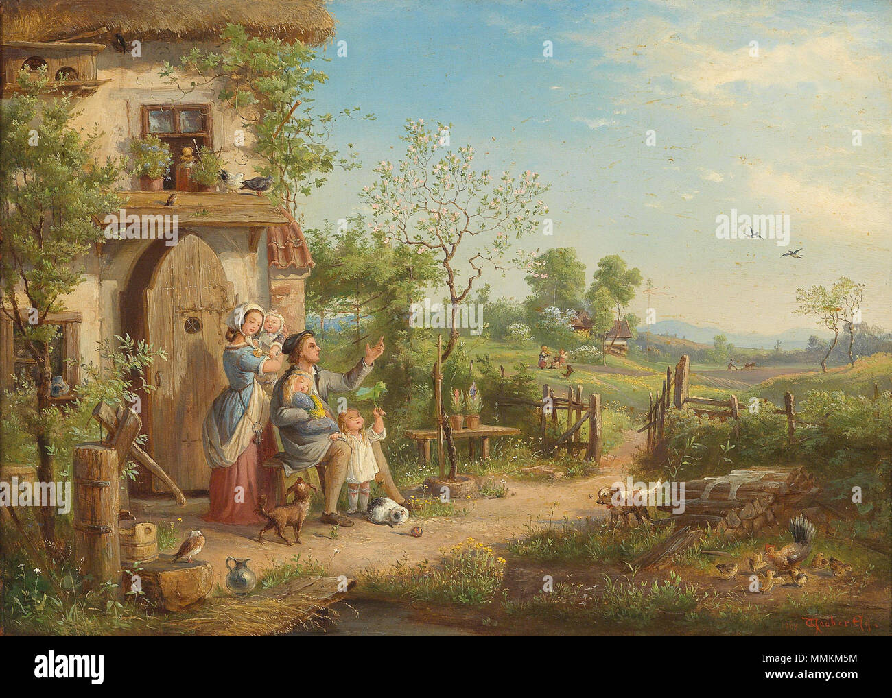 . Ein Morgen im Mai, signiert, datiert Weeber Ed. 1863, Öl auf Holz, 23,5 x 32,5 cm . 1863. Eduard von Weeber Ein Morgen im Mai 1863 Banque D'Images