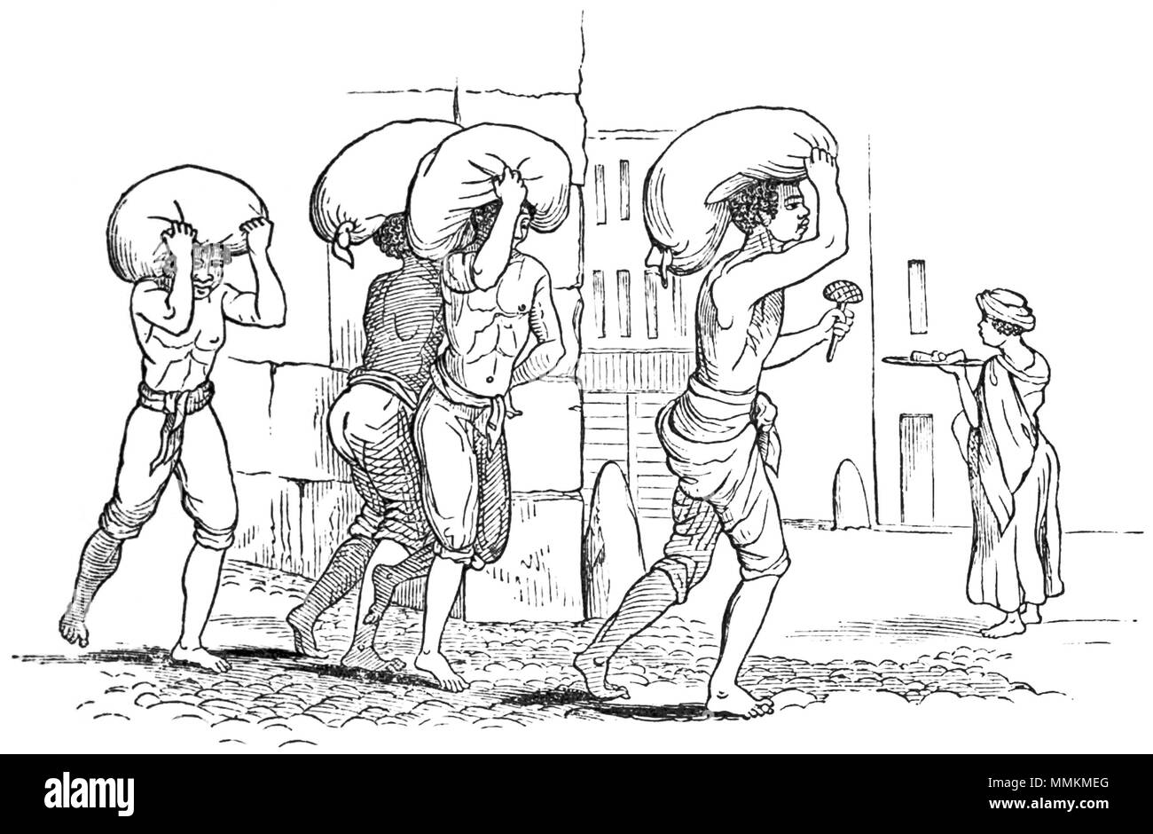 . Рабы несущие : Русский, мешки улицам Рио кофе с по-Жанейро-де. Рисунок сделан экспедиции Уилкса во время (1838). . 1838. Dessiné par J. Drayton. Gravée par F. E. Worcester, café-transporteurs de Rio Banque D'Images