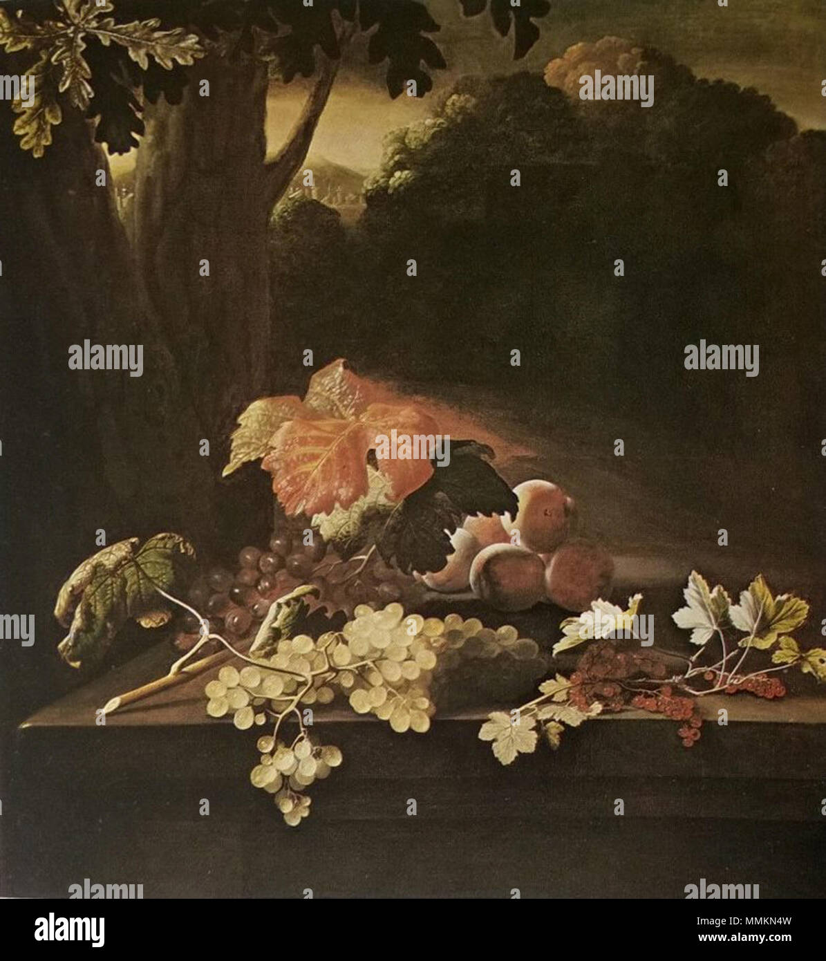 Anglais : des fruits sur une table de pierre en face d'un paysage de collines boisées . circa 1685. Adriaen Coorte - Fruits sur une table en pierre avec au-delà du paysage Banque D'Images