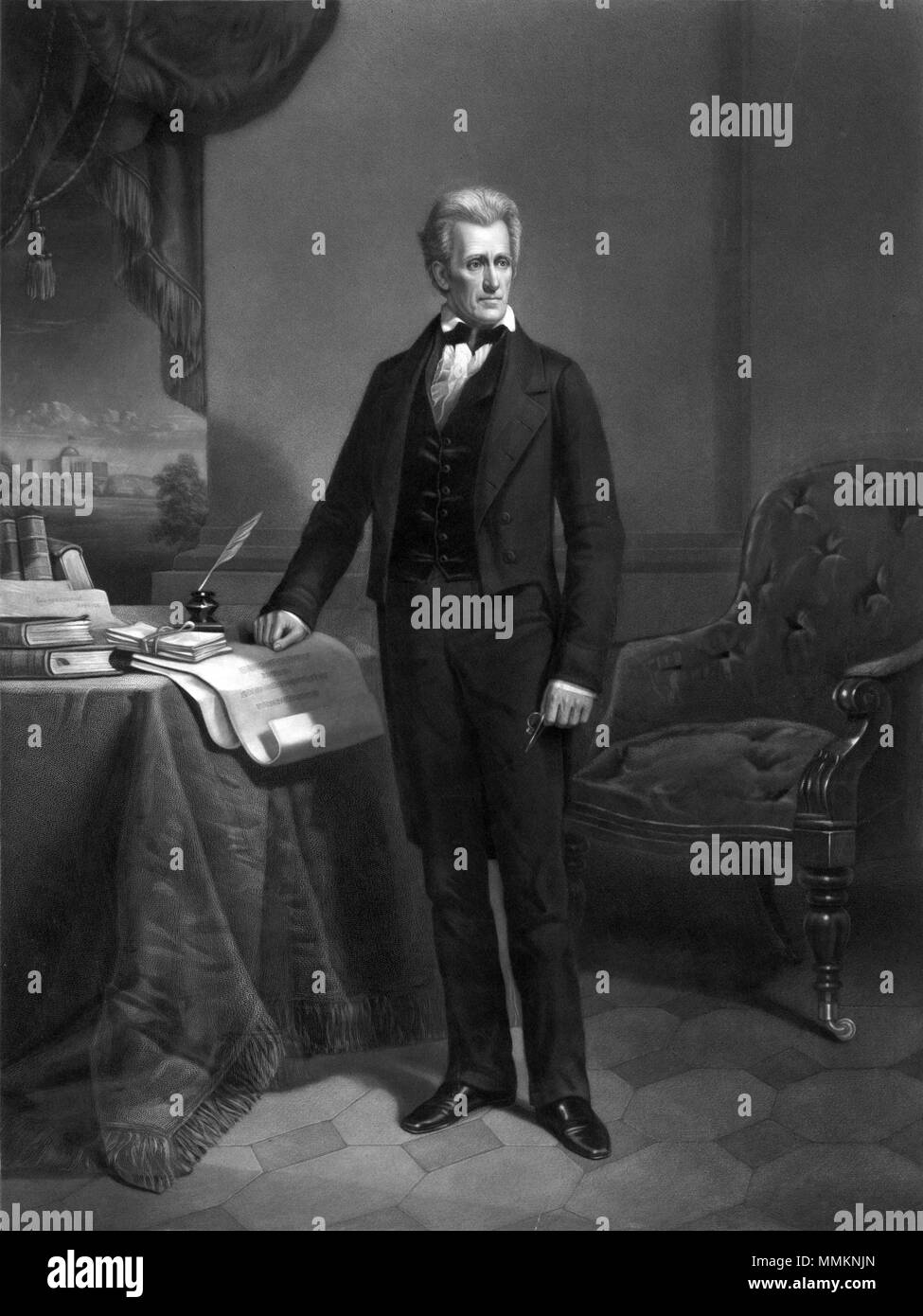 . Andrew Jackson, portrait en pied, debout, face à face, main posée sur la table. Andrew Jackson / peint par D.M. Carter ; gravé par A.H. Ritchie.., vers 1860.. Andrew Jackson Portrait Banque D'Images