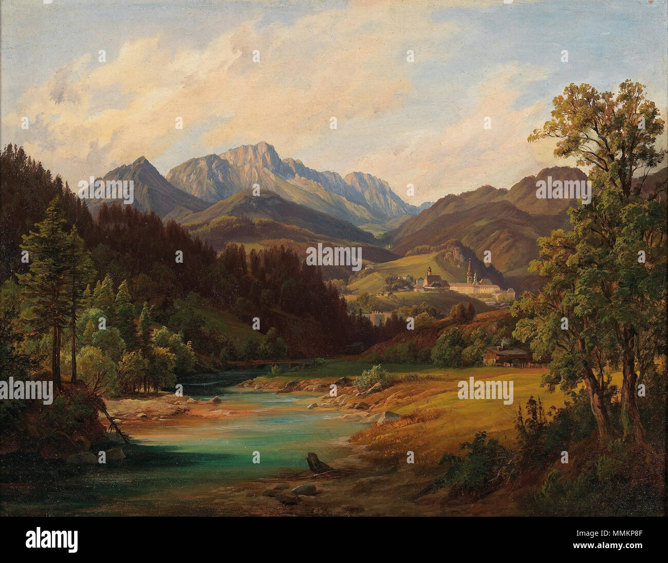 . Deutsch : Blick auf, Berchtesgaden (als verkauft Aus dem Salzkammergut in der Nähe von Bad Ischl laut rückseitiger Beschreibung), signiert, datiert Schiffer Septembre 1844, Öl auf Papier auf Leinwand, 29 x 38 cm Provenienz : Galerie Schebesta, Wien, 1958 Galerie Erwin Nusser, München, 1958 Sammlung Dr. Georg Schäfer, Schweinfurt dessen Auktion Neumeister, 25. Février 2005, Lot 661 . avant 1876. Anton Schiffer Landschaft mit Kloster 1844 Banque D'Images