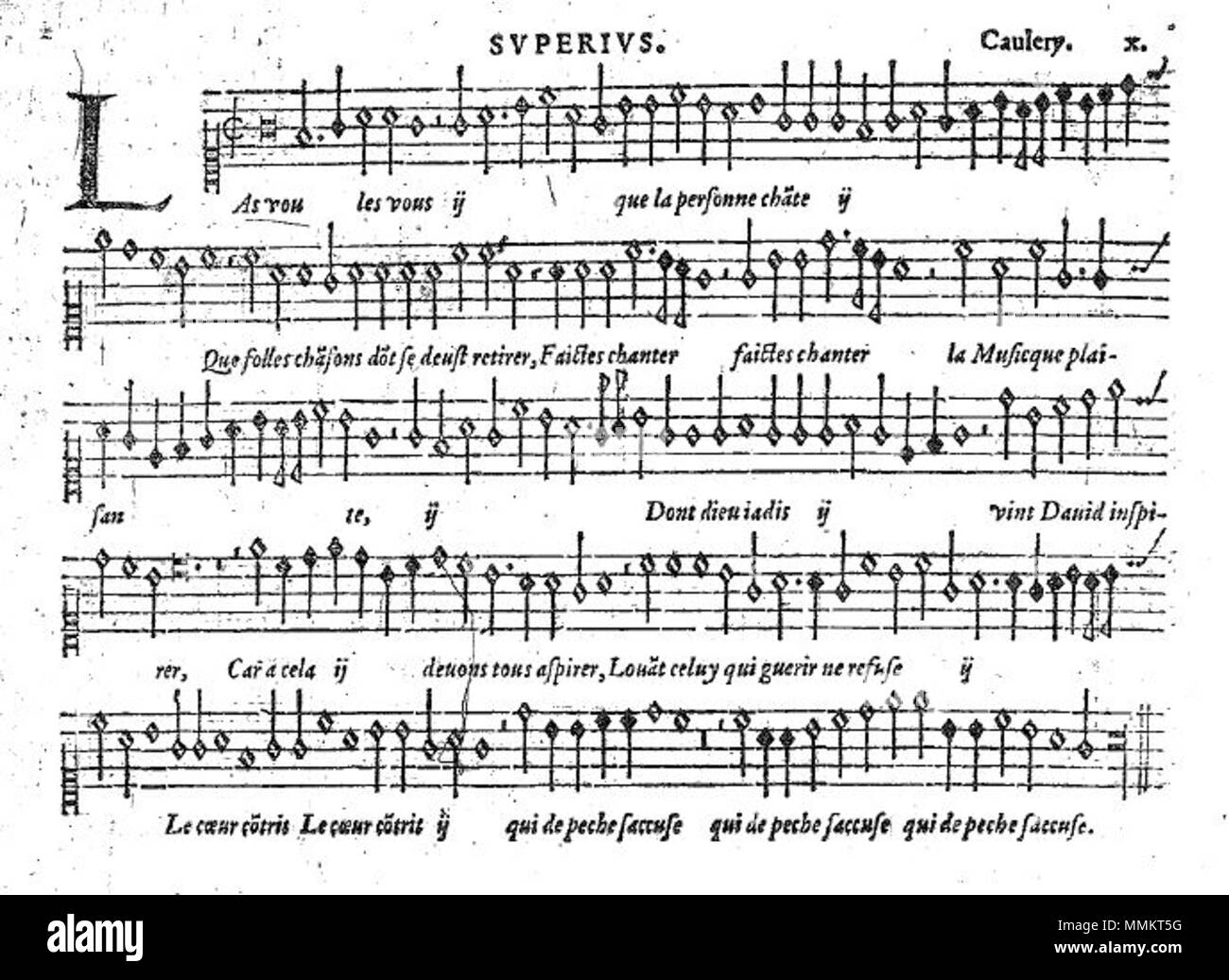 . Français : Un texte d'Eustorg de Beaulieu (Chrestienne Resjouyssance) mis en musique par Jean de Caulery (1556). . 1556. Jean de Caulery, compositeur 77 Beaulieu 1556 Banque D'Images