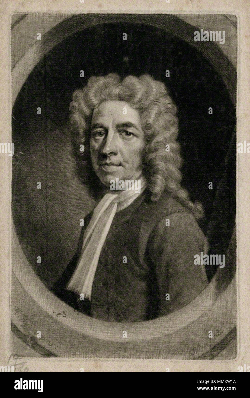 . Anglais : Portrait d'Abel Roper (1665-1726), journaliste français. par George White, après Hans Hysing, manière noire, circa 1700-1725 Abel Blanc Roper Banque D'Images