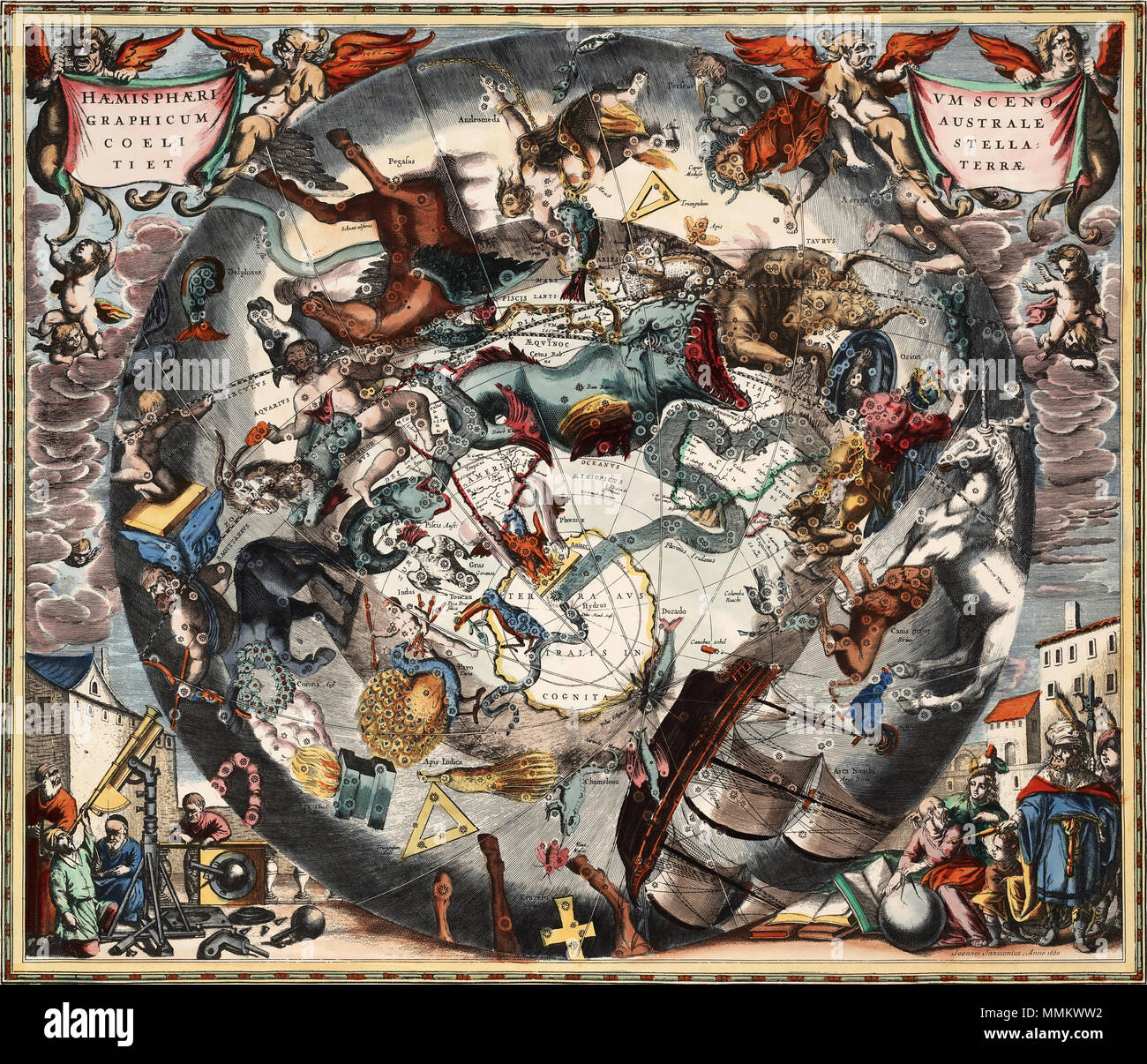. Constellations de l'hémisphère sud plus scenographically le globe terrestre. À partir de la plaque d'Andreas Cellarius Harmonia Macrocosmica de 1661. Depuis la sphère céleste est vu de "dehors", les côtés sont inversés wrt. à la vue d'un observateur terrestre. . 1661. Andreas Cellarius (vers 1596 - 1665, Genève, Hoorn) Cellarius scénographique du sud Banque D'Images
