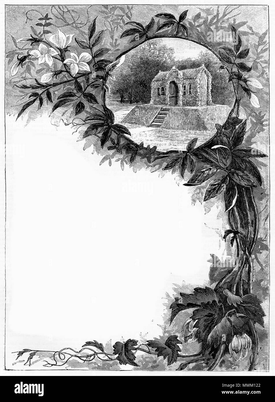 Gravure d'un cottage et botanic frontière. À partir d'une gravure originale à la jeune fille son propre magazine papier 1883. Banque D'Images