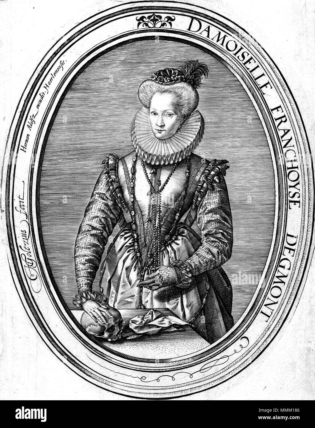 Françoise van Egmond Françoise van Egmond *gravure *18 x 14,1 cm *1580 *inscrit l. : HGoltzius Adolfz excudit fecit Herman. Haerlemensis. *Inscrit r. : DAMOISELLE FRANCHOYSE DEGMONT Françoise van Egmond, par Hendrick Goltzius Banque D'Images