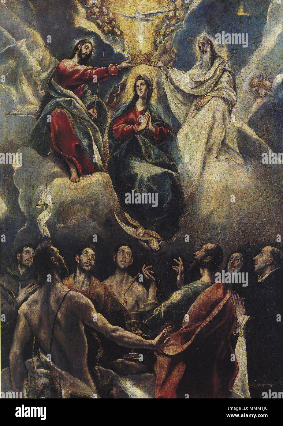 Español : El lienzo représen la Coronación de la Virgen María por los tres  miembros de la Santisima Trinidad : Dios Padre, Jesucristo y el Espíritu  Santo. Coronacion de la Virgen