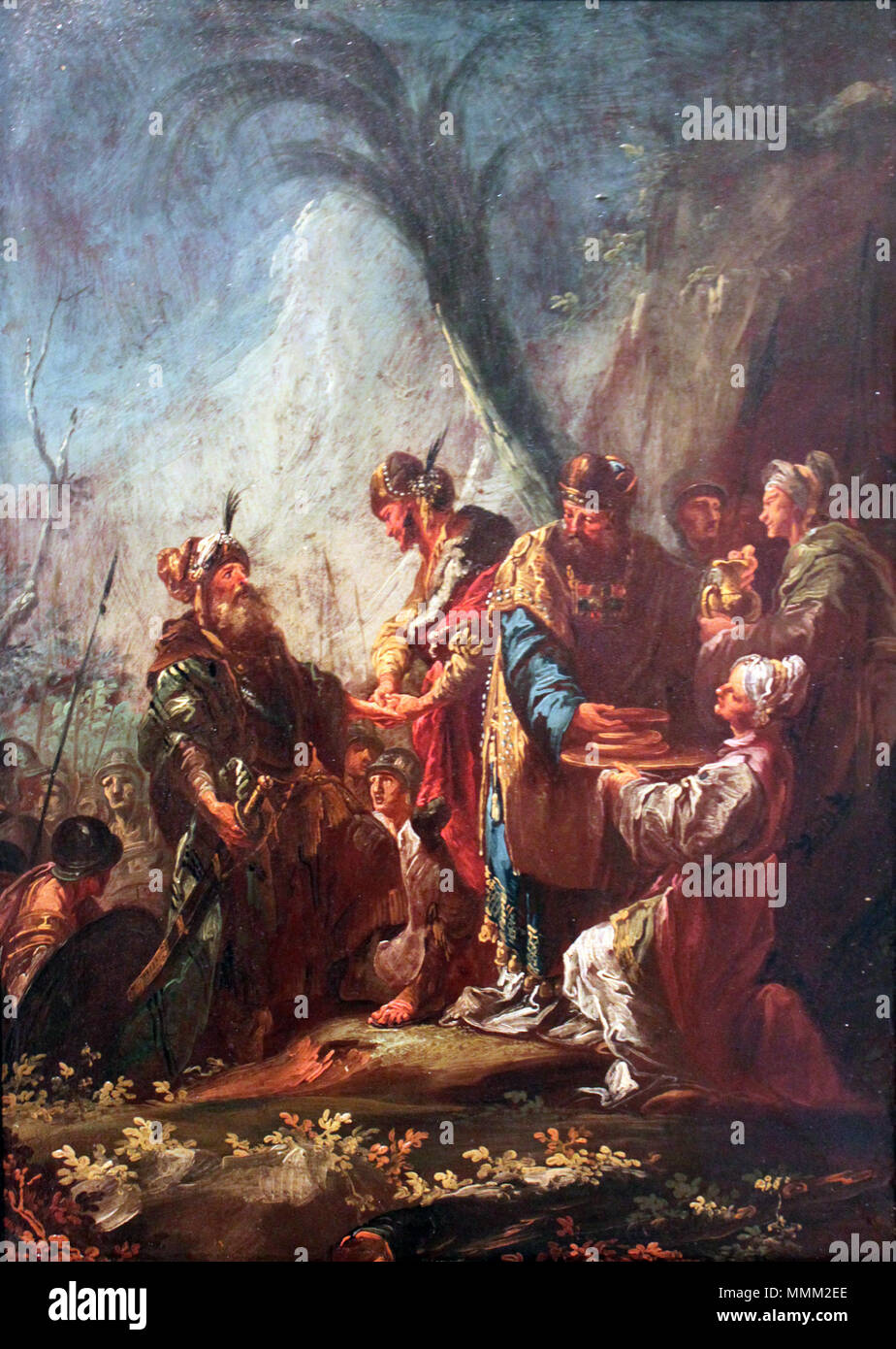 . Abraham libère son neveu Lot dans une bataille victorieuse et retourne à Bera, le roi de Sodome, tous ses biens. Le Priest-King propose de Melchisédek bénit le pain et le vin et Abraham. Ce repas est compris comme un précurseur de la Dernière Cène. Abraham et Melchisédek.. 1770. Christian Thomas (1738-1797) 1770 Wink Wink Abraham und Melchisédek anagoria Banque D'Images