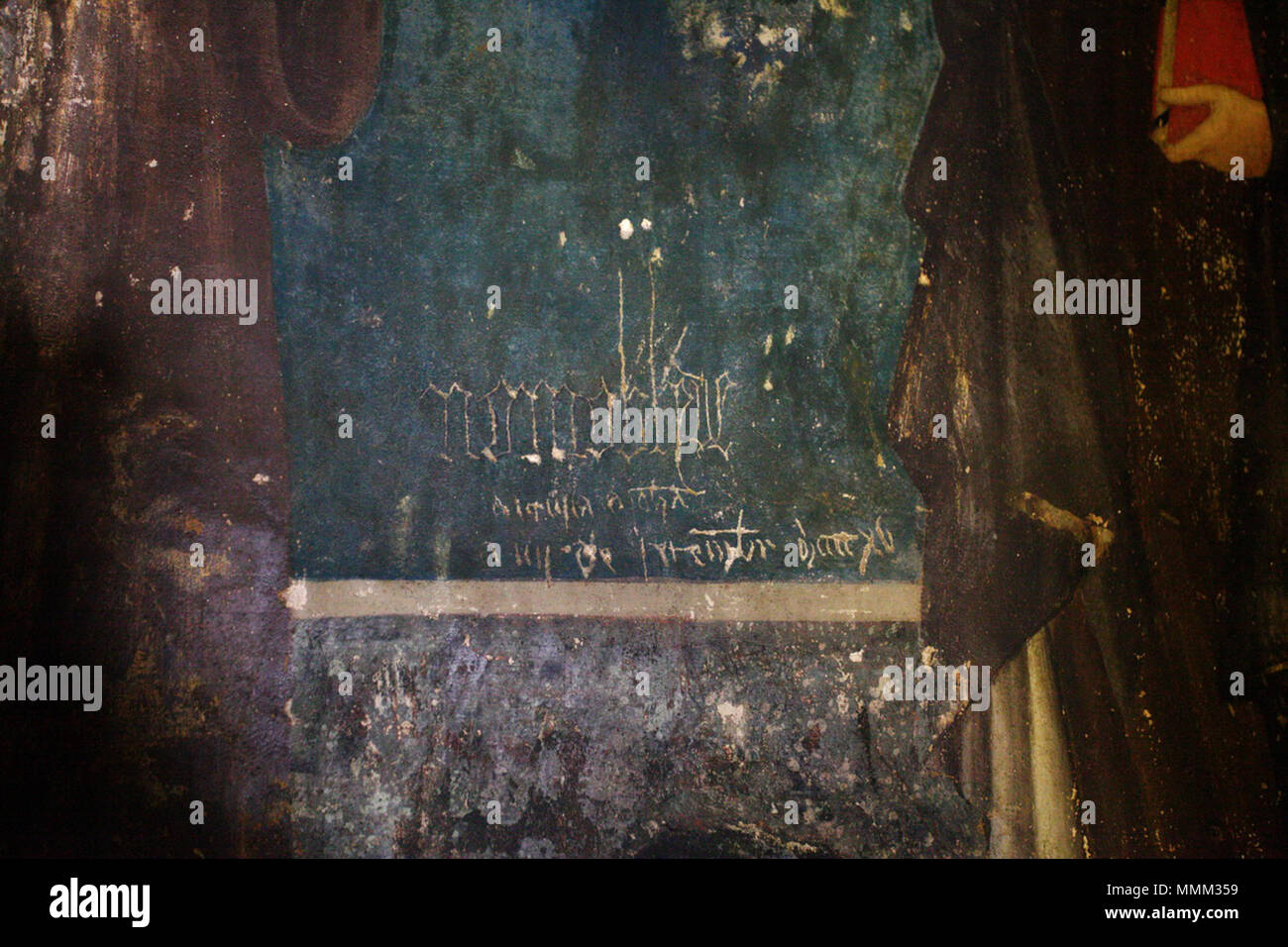 . Grafitti gravat médiévale entre les chiffres dels sants dos Català : Sant Francesc i Santa Clara . circa 1346. CelaStMiquel StFrancesc 3648 Graffiti Banque D'Images