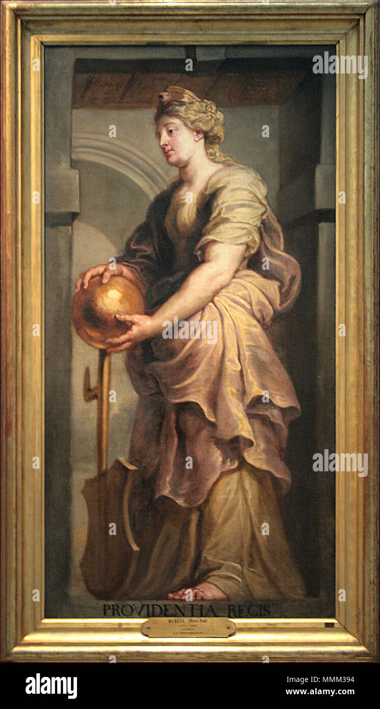 " La Providence du roi ", huile sur toile (H. 284 cm, l. 145 cm) de Jan van den Hoecke réalisée vers 1635 appartenant au Palais des beaux-arts de Lille (N° INV P 88). Photographie réalisée lors de l'exposition temporaire l'Europe de Rubens au musée du Louvre-Lens.) . 0 La Providence du roi - Jan van den Hoecke (1) Banque D'Images