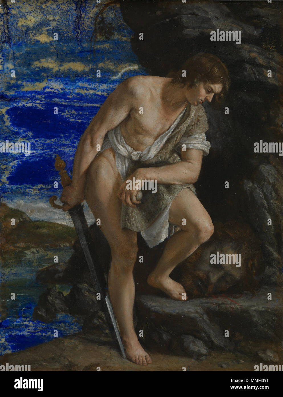 David envisage l'Chef de Goliath. circa 1612. Contemplant la tête de David contre Goliath par Orazio Gentileschi, huile sur le lapis-lazuli, Banque D'Images