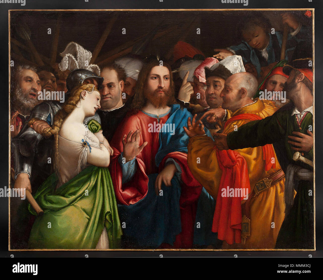 . Italiano : Cristo e l'adultera. Déjà reputato una copia della tela di Offre sousmise identico del Louvre, onu restauro effettuato nel 2013 ha fatto emergere la reale qualità del dipinto e la firma del pittore. L'opera oggi è considerata una replica autografa del quadro parigino . Entre 1546 et 1555. Lorenzo Lotto - Loreto (Ancona), Museo Antico Tesoro della Santa Casa Cristo e l'adultera - Lotto (repilca) Banque D'Images