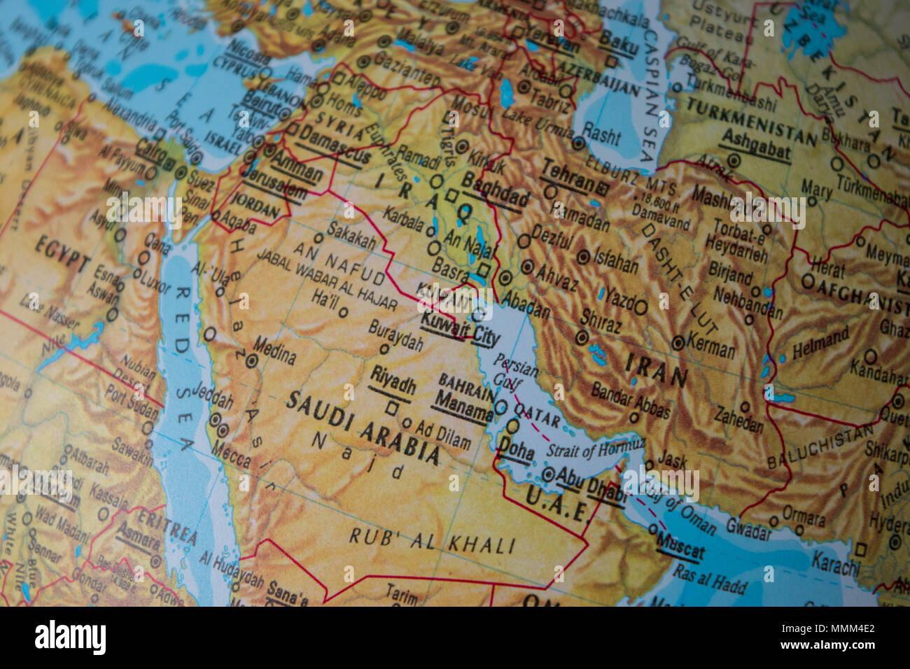Détail d'un vintage carte montrant le Moyen-Orient, y compris l'Iran Banque D'Images