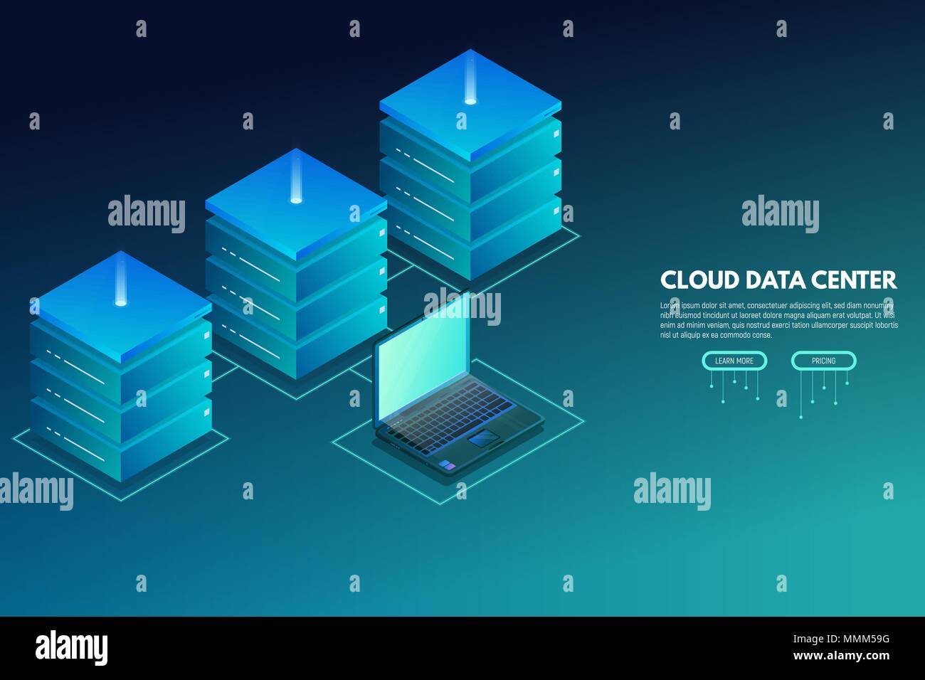Centre de données bannière isométrique avec ordinateur portable et serveurs Illustration de Vecteur