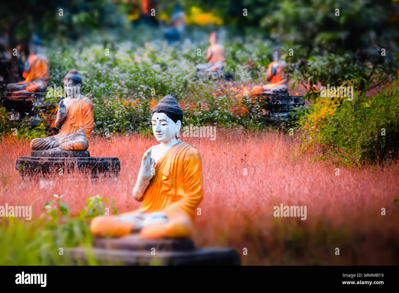 Tilt Shift effet de flou. La vue étonnante de statues de Bouddhas en lot Loumani Buddha Garden. Hpa-An, Myanmar (Birmanie) Paysages et destinations de voyage Banque D'Images