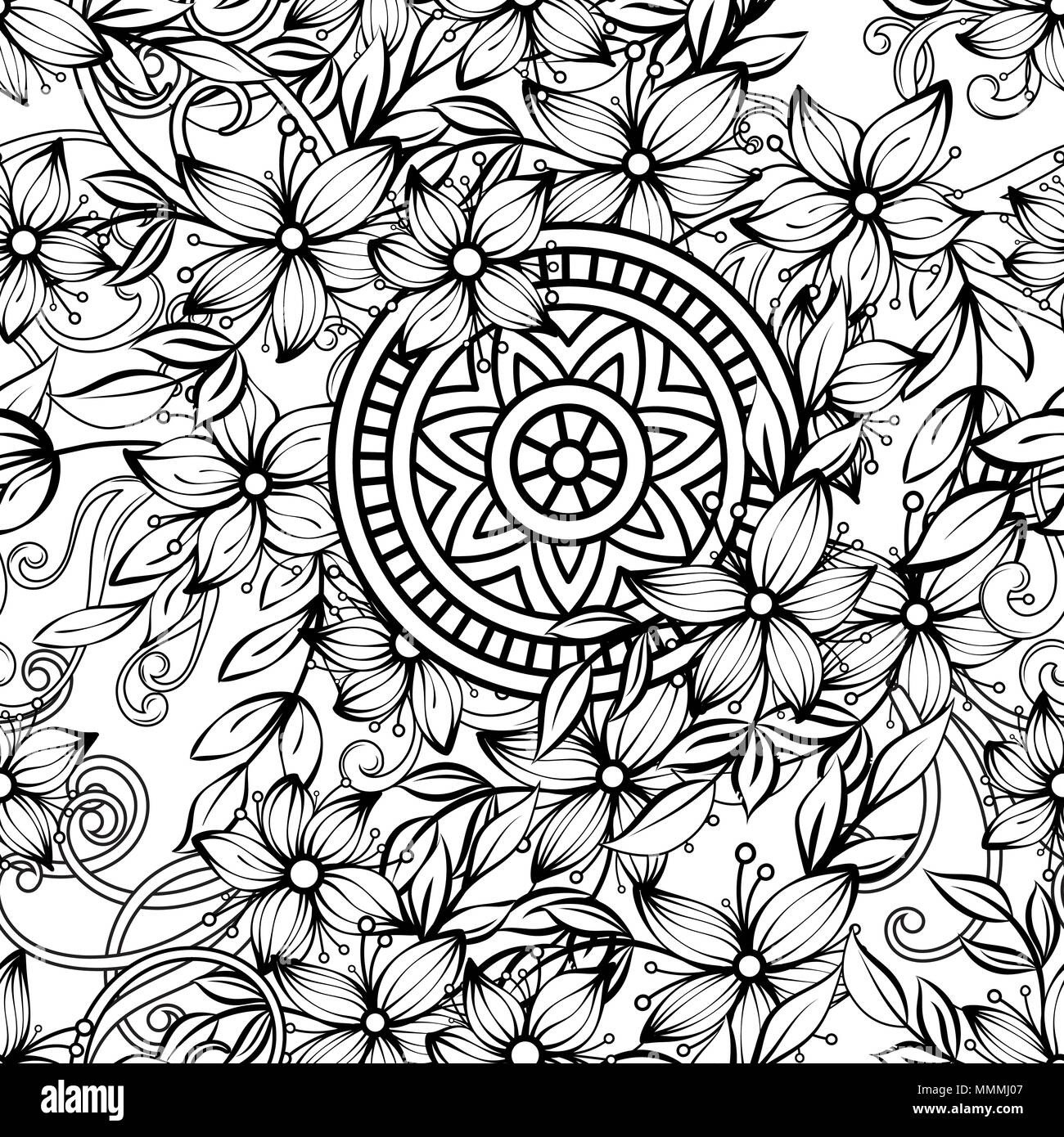 Motif transparent floral en noir et blanc. Livre de coloriage adultes page avec des fleurs et des mandalas. Hand drawn vector illustration. Doodles contexte Illustration de Vecteur Motif transparent floral en noir et blanc. Livre de coloriage adultes page avec des fleurs et des mandalas. Hand drawn vector illustration. Doodles contexte Illustration de Vecteur