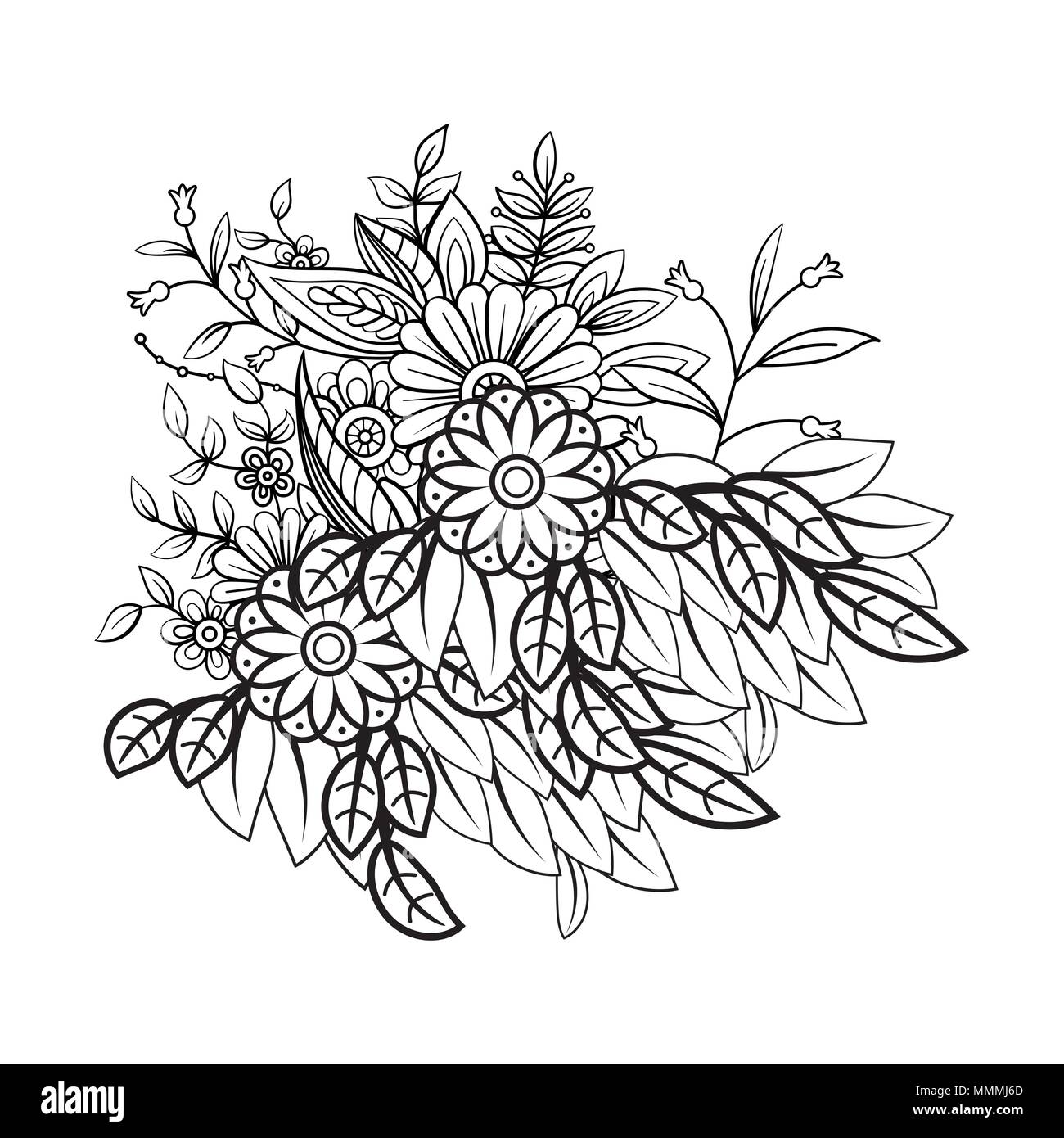 Motif floral en noir et blanc. Livre de coloriage adultes page avec bouquet. L'art-thérapie, anti stress page à colorier. Hand drawn vector illustration Illustration de Vecteur Motif floral en noir et blanc. Livre de coloriage adultes page avec bouquet. L'art-thérapie, anti stress page à colorier. Hand drawn vector illustration Illustration de Vecteur