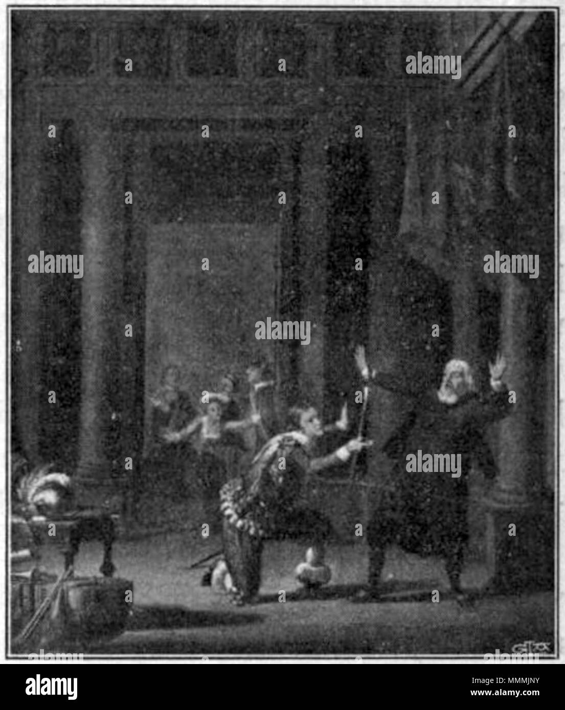 . Anglais : Scène de la jouer 'Helmfelt' par Gustav III au Théâtre royal de Suède. D'après une peinture par Pehr Hilleström. Photo publiée dans le Volume 1 (8) de l'histoire de Nils Personne de théâtre Suédois. Svenska : Scen ur Gustav III:s pjäs Helmfelt «' på Kungliga teatern. Efter en målning Pehr Hilleström av. Bild ur Personne : Svenska teatern 1. . 18e siècle. Nils Personne (texte), Pehr Hilleström (image) 168-Helmfelt-Svenska teatern 1 Banque D'Images