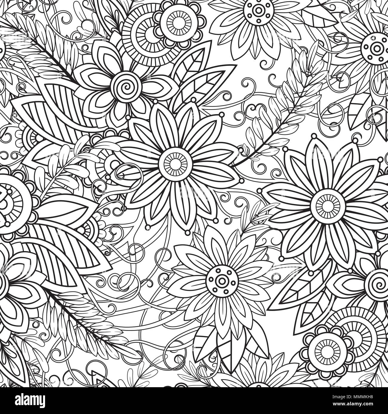 Hand drawn seamless pattern avec feuilles et fleurs. Ornement floral Doodles. Le noir et blanc des éléments décoratifs. Parfait pour le papier peint, des profils des livres de coloriage, l'arrière-plan de la page web, des textures de surface. Illustration de Vecteur