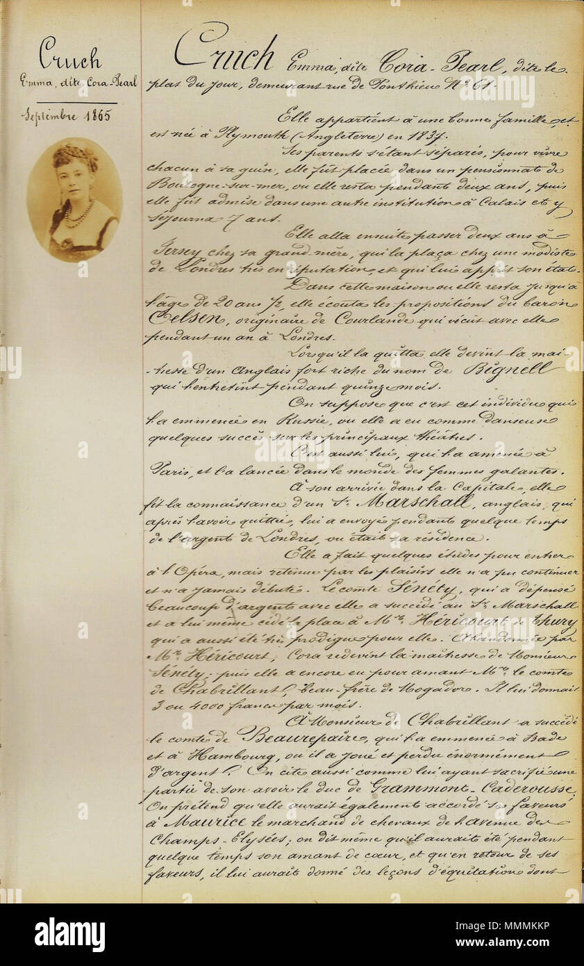 . Anglais : Cora Pearl (1835-8 juillet 1886) était un célèbre courtisane britannique du 19e siècle français demimonde, née Emma Élizabeth Crouch. English : Fiche de police concernant Emma Crouch dite Cora Pearl en 1865. L'auteur de la photographie qui illustre le registre est Eugène Disdéri. Cora Pearl (Londres 1835 - Paris 1886), née Emma Élizabeth Crouch, est une célèbre courtisane, au cours de la période du Second Empire et au début de la Troisième République française. . Vers 1865. Archives de la Préfecture de police de Paris. André-Adolphe-Eugène Disdéri (1819-1889) Noms alternatifs Di Banque D'Images