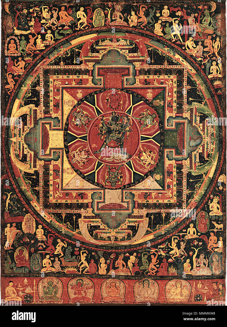 . Anglais : Chakrasamvara Mandala. Au début des périodes de Thakuri Malla, Népal, Vallée de Katmandou. 26 1/2 x 19 3/4 in. (67,3 x 50,2 cm). Schéma de ce rituel (mandala) est conçu comme le palais cosmique du Chakrasamvara courroucée et à son épouse, Vajravarahi, vu au centre. Ces divinités incarnent la connaissance ésotérique du yoga Tantra. Six déesses sur les pétales de lotus stylisés entourent le couple divin. Le mandala de cadrage sont les huit grands cimetières de l'Inde, chacun présidé par une divinité sous un arbre. Les cimetières sont des lieux appropriés pour la méditation de Chakrasamvara et sont emblématiques o Banque D'Images