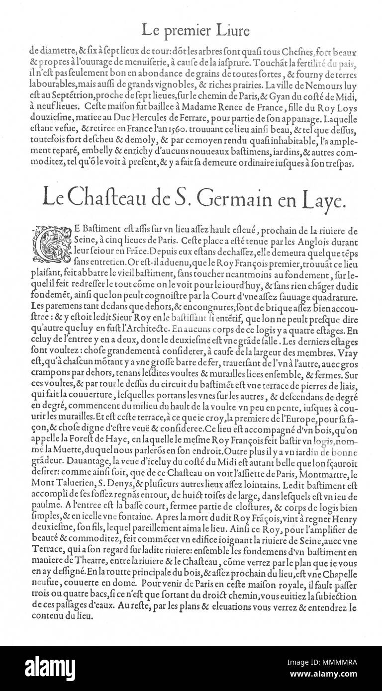 . Anglais : Page de texte de : Le premier volume des Plus Excellents Bastiments de France par Jacques I Androuet du Cerceau . 21 mai 2014, 09:34:18. Jacques I Androuet du Cerceau (1510-1585) Noms alternatifs Jacques Androuet Jacques Androuet du Cerceau, l'Ancien ; Jacques Androuet du Cerceau, Jacques Androuet DuCerceau Androuet Ducerceau ; Jacques, architecte français Description graveur et dessinateur de cuivre père de Baptiste Androuet du Cerceau père de Jacques II Androuet du Cerceau Date de naissance/décès 1510 1512 1584 ou janvier Lieu de naissance/décès Paris Annecy contrôle d'autorité Banque D'Images