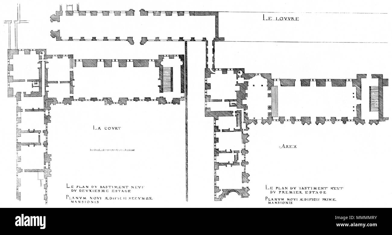 . Anglais : gravure de : Le premier volume des Plus Excellents Bastiments de France par Jacques I Androuet du Cerceau, montrant le plan du premier et deuxième étages de la partie ouest du palais du Louvre, considérée comme une nouvelle construction à l'époque . 1576. Jacques I Androuet du Cerceau (1510-1585) Noms alternatifs Jacques Androuet Jacques Androuet du Cerceau, l'Ancien ; Jacques Androuet du Cerceau, Jacques Androuet DuCerceau Androuet Ducerceau ; Jacques, architecte français Description graveur et dessinateur de cuivre père de Baptiste Androuet du Cerceau père de Jacques II Androuet du marquage CE Banque D'Images