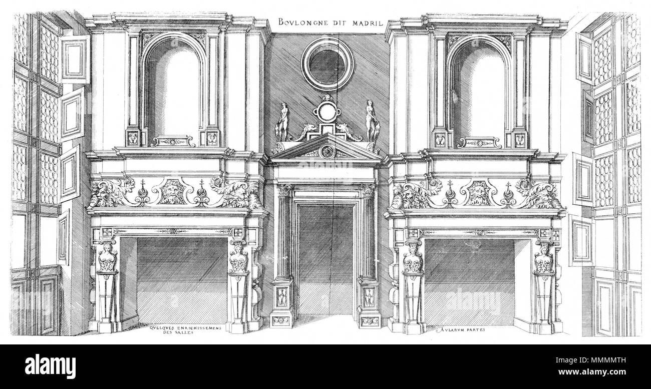 . Anglais : gravure de : Le premier volume des Plus Excellents Bastiments de France par Jacques I Androuet du Cerceau : certaines décorations des salles dans le Château de Madrid . 1576. Jacques I Androuet du Cerceau (1510-1585) Noms alternatifs Jacques Androuet Jacques Androuet du Cerceau, l'Ancien ; Jacques Androuet du Cerceau, Jacques Androuet DuCerceau Androuet Ducerceau ; Jacques, architecte français Description graveur et dessinateur de cuivre père de Baptiste Androuet du Cerceau père de Jacques II Androuet du Cerceau Date de naissance/décès 1510 1512 1584 ou janvier Lieu de naissance/d Banque D'Images