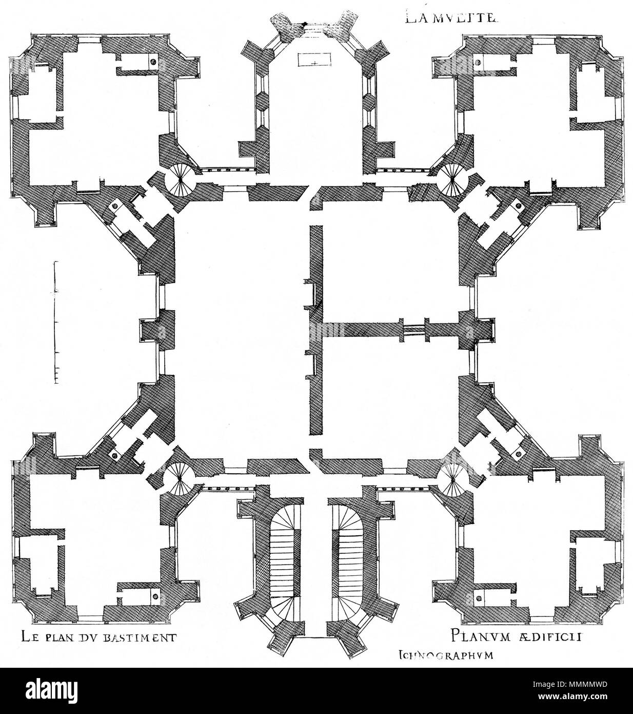 . Anglais : gravure de : Le premier volume des Plus Excellents Bastiments de France par Jacques I Androuet du Cerceau : plan du Château de la Muette, un ancien pavillon de chasse royale dans la forêt de Saint-Germain-en-Laye . 1576. Jacques I Androuet du Cerceau (1510-1585) Noms alternatifs Jacques Androuet Jacques Androuet du Cerceau, l'Ancien ; Jacques Androuet du Cerceau, Jacques Androuet DuCerceau Androuet Ducerceau ; Jacques, architecte français Description graveur et dessinateur de cuivre père de Baptiste Androuet du Cerceau père de Jacques II Androuet du Cerceau Date de naissance/dea Banque D'Images