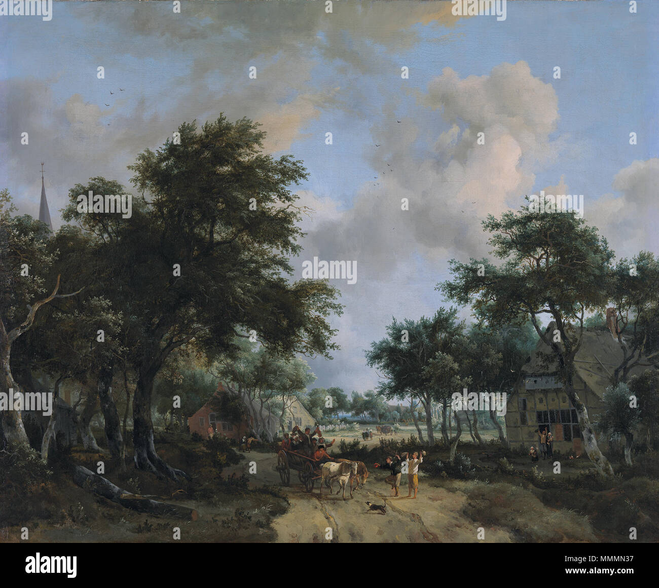 Paysage de forêt avec un joyeux company dans un chariot, par Meindert vitrocéramique Paysage boisé avec un chariot en fêtards. vers 1665. Paysage de forêt avec un joyeux company dans un chariot, par Meindert Hobbema Banque D'Images