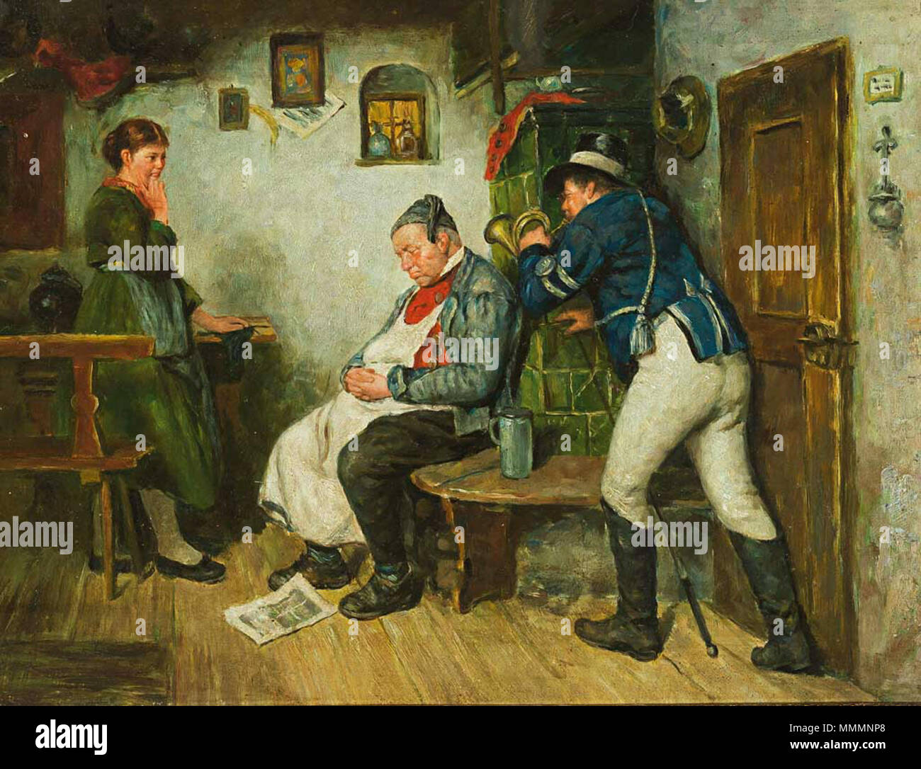 . Postillon bläst schlafendem Ofenbank Gastwirt auf der dans das Ohr. Öl/KTN. 30 x 39 cm. Nachlassstempel mit. Winkelbank . avant 1915. Attribuée à Hugo Kauffmann (1844-1915) Noms alternatifs Hugo Wilhelm Kauffmann Description peintre allemand Date de naissance/décès 7 Août 1844 30 décembre 1915 Lieu de naissance/décès Hambourg Rimsting contrôle d'autorité : Q317338 : VIAF 52484418 ISNI : 0000 0000 8131 7034 ULAN : 500015281 RCAC : n85083847 GND : 118721259 WorldCat Hugo Wilhelm Kauffmann (attr) Postillon und Gastwirt Banque D'Images
