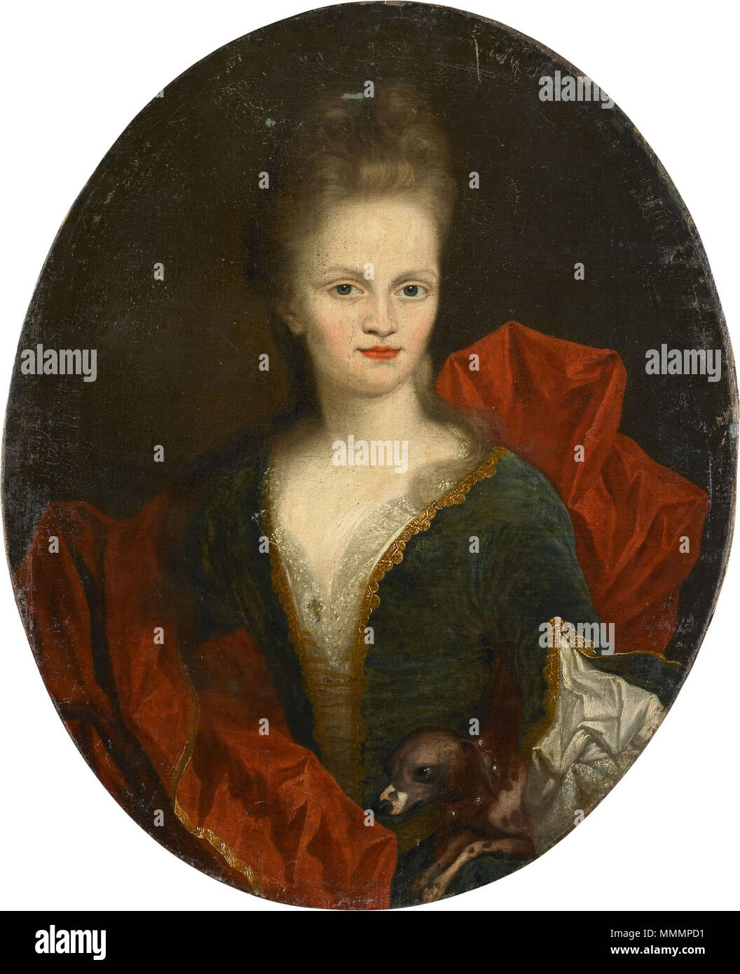 . Portrait ovale de Anna Margaretha van Petcum, épouse de Johan Arnold Zoutman, avec chien de poche. Portrait d'Anna Margaretha van Petcum (1676-1745). Entre 1700 et 1724. Anna Margaretha van Petcum (1676-1745). Echtgenote van Johan Arnold Zoutman Rijksmuseum SK-A-2804 Banque D'Images