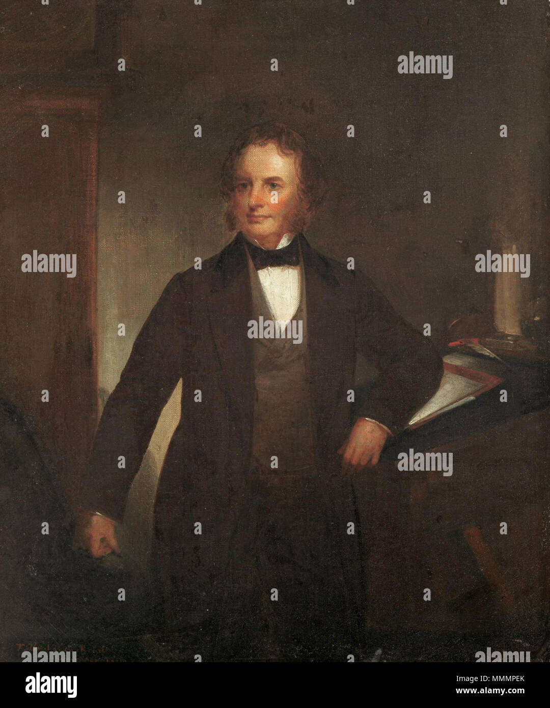 . Anglais : Trois-quart portrait de poète américain Henry Wadsworth Longfellow (1807-1882), face à l'avant, légèrement à droite, avec le bras droit sur le côté et le bras gauche se plient et s'appuyant sur un bureau. Par l'artiste américain Thomas Buchanan Read (1822-1872), datée de 1860. Signée et datée en bas à gauche. *42M 952-1684, Houghton Library, Harvard University . 1860. Houghton 42M 952-1684 - par TBR HWL Banque D'Images