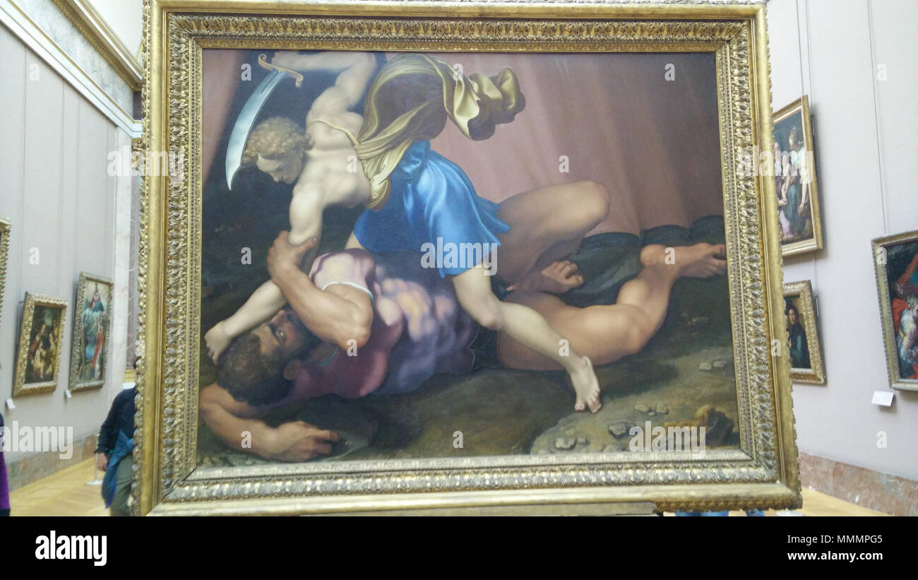 David et Goliath. 1550s ; 2014-11-07 12:45. Nathanael Burton 75 Bataille de David contre Goliath par Daniele da Volterra au Louvre Banque D'Images