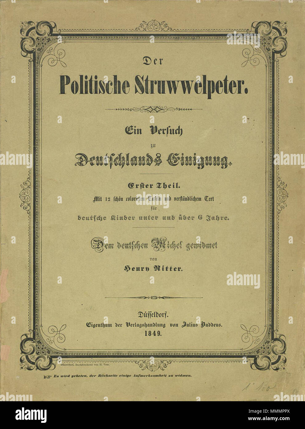 . Deutsch : Titelblatt des Polititischen Struwwelpeter Henry Ritter von . 1849. Henry Ritter (1816-1853) Noms alternatifs Heinrich Ritter ; h. ritter ; Henry ritter ; Heinrich ritter ; Henri ritter Description German-Canadian peintre et illustrateur Date de naissance/décès 24 MAI 1816 21 décembre 1853 Lieu de naissance/décès Montréal Düsseldorf contrôle d'autorité : Q5727559 : VIAF ?5309486 ULAN : ?500031092 RCAC : ?n88625863 GND : ?116571845 RKD : ?67171 Henry Ritter - Titelblatt WorldCat des politischen Struwwelpeter Banque D'Images