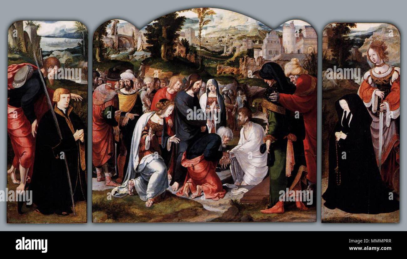 . Triptyque commémorant un couple marié, l'homme et la femme montre à genoux sur les ailes avec leurs saints patrons James et Catherine. Le panneau central représente le miracle du Christ élever Lazare d'entre les morts, une allusion à la promesse de la vie éternelle et la croyance que la mort est vaincue par la foi en Christ. Le triptyque avec la résurrection de Lazare. Circa 1530-1535. Aertgen van Leyden 004 Banque D'Images
