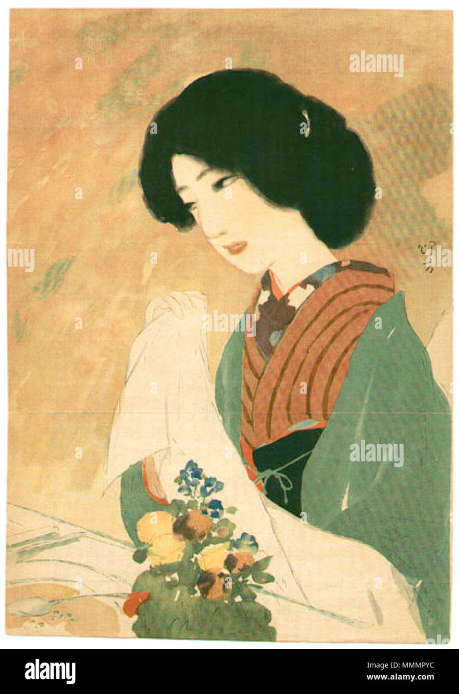 .  ? ?Ѵެ ? ? ? ? ? ? ? ? ? ? ? ? ? ? ? ? ? ? ? ? ? ? ? ? ? ? ? ? ? ? ? ? ? Anglais : Beauté (Bijin) dans l'Ouest dans un kimono traditionnel dîner de style, lithographie . Entre 1912 et 1921. Bijin-zu par Ikeda Terukata Banque D'Images