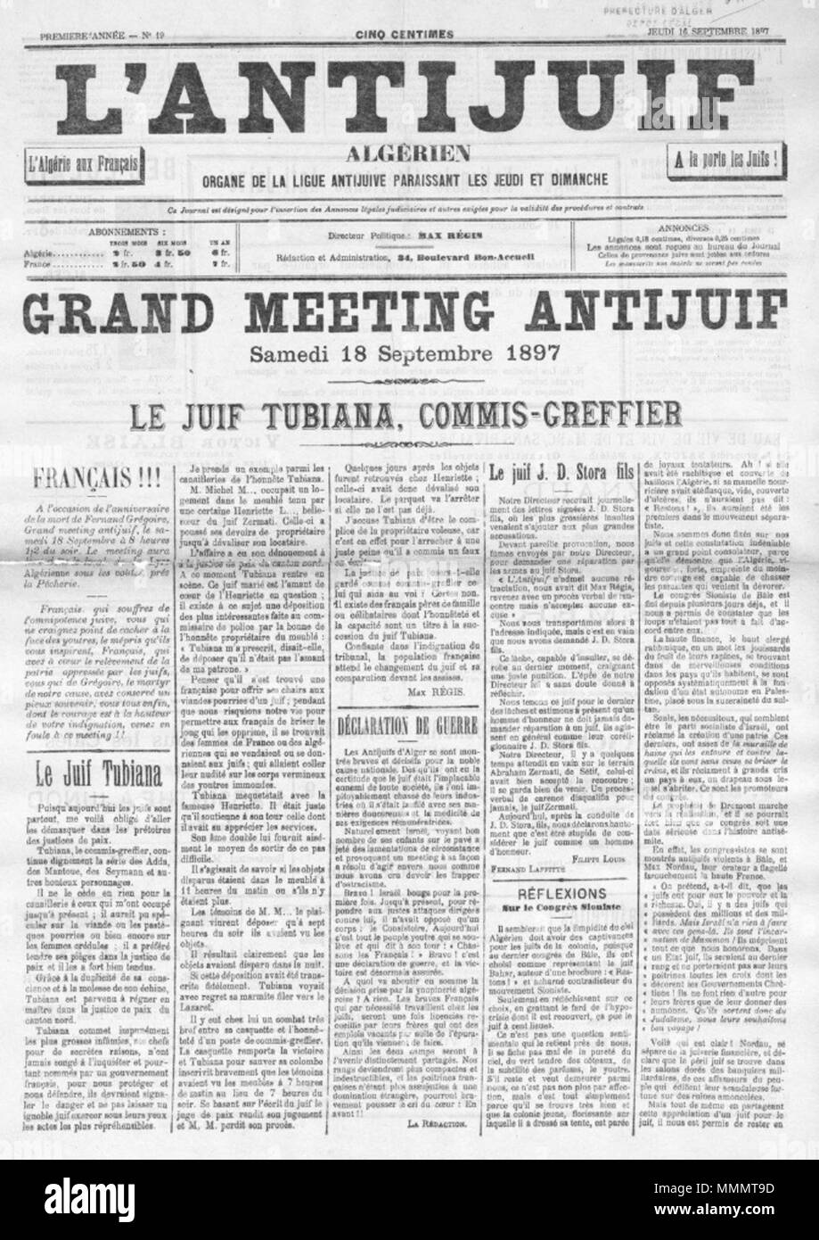 . English : 'L'antijuif Journal algérien" du 16 septembre 1897 . 20 janvier 2013, 15:11:48. Max Régis 50 Antijuif1 Banque D'Images