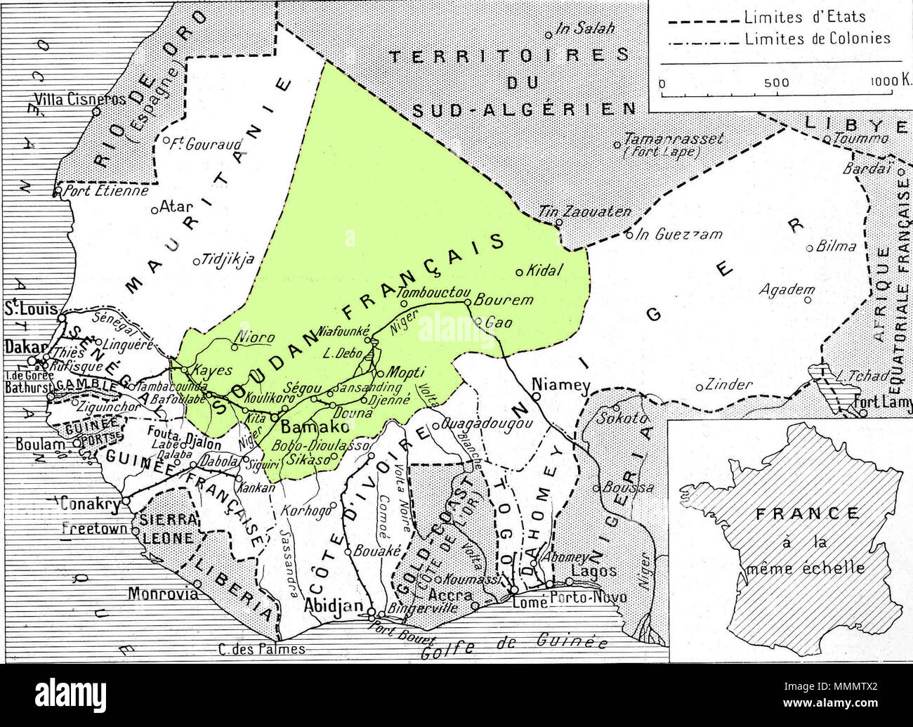 52 AOFmap1936 Soudan français Banque D'Images