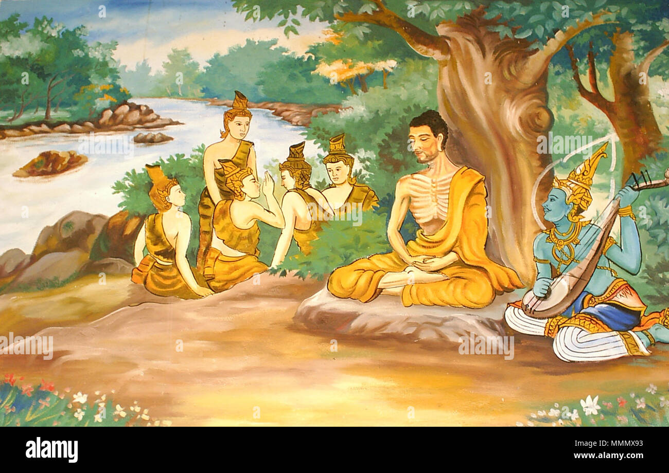 . French : photo d'un wallpainting dans un temple laotien, représentant le Bouddha Gautama (Bouddha-à-être) qui s'engagent dans des pratiques ascétiques extrêmes avant son illumination. Un dieu est la supervision de ses efforts, et en fournissant certains protection spirituelle. Les cinq moines dans l'arrière-plan sont son futur "cinq premiers disciples', après Bouddha atteint la pleine illumination. Español : Asceta Gautama con cinco sus compañeros, quienes más tarde compusieron el primer Sangha. Pintura mural en un temple de Laos] Português : Pintura em um templo em Laos retratando o futuro (Buda) Bodhisattva em práticas radicai ascetas Banque D'Images