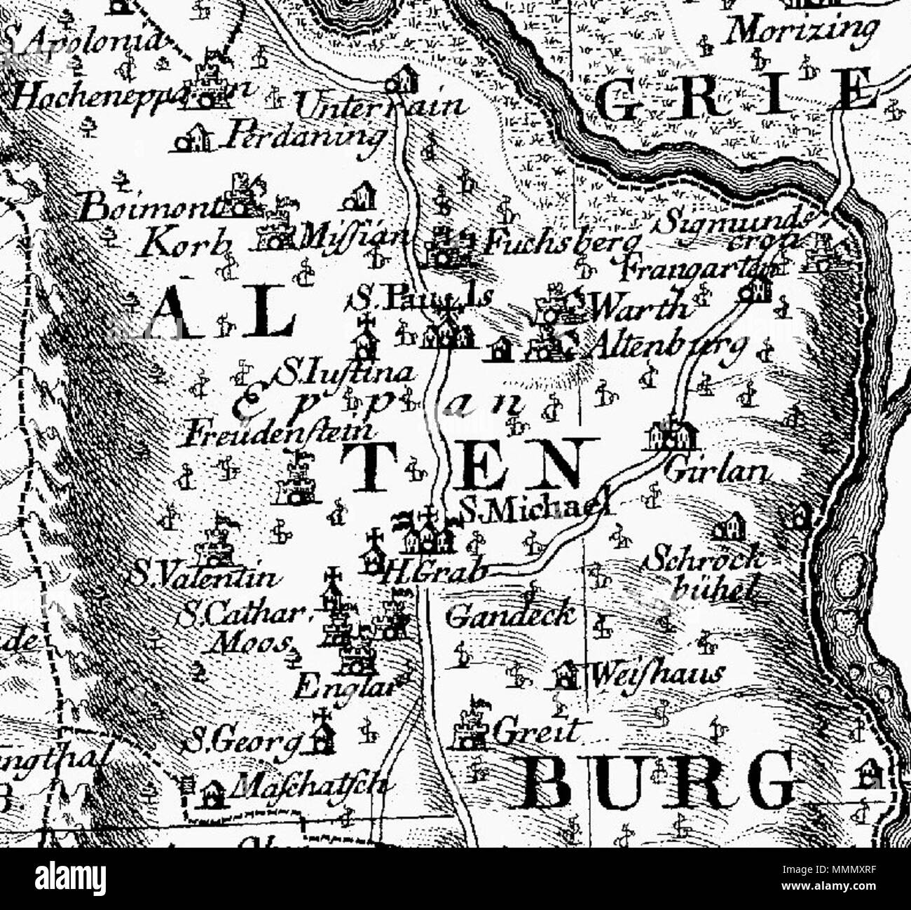 . Deutsch : Atlas Tyrolensis, 1774 Auszug Eppan . 2 août 2012. Peter Anich Hueber Blasius, Atlas 61 Tyrolensis Eppan Banque D'Images