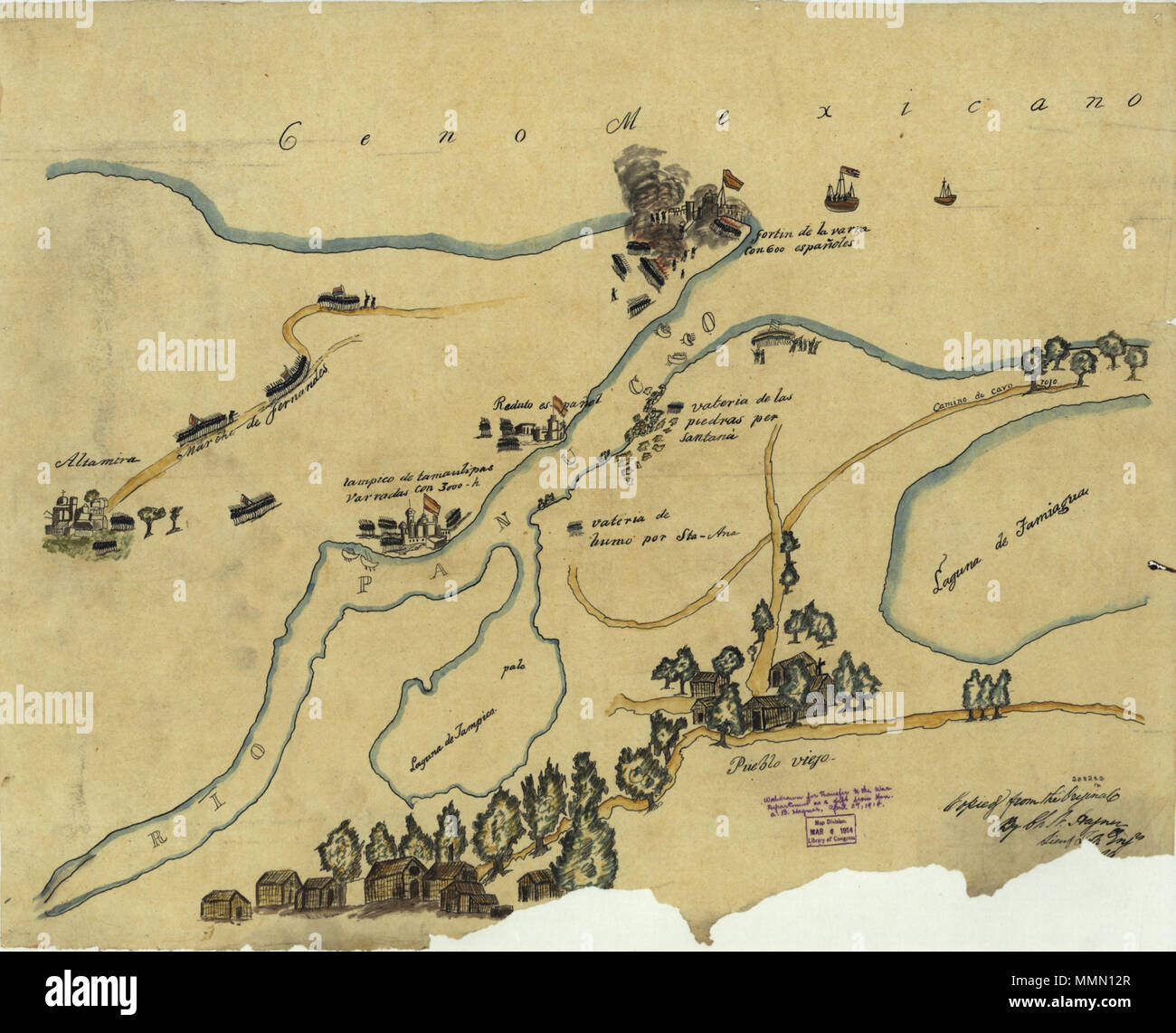 . Carte illustrant les bataille contre Isidro Barradas dans aux environs de Tampico, Mexique, en 1829 . 1846 ?, copiés à partir de 1829 ? . Original copié à partir de l'original par Ch.N. Hagner, lieut. haut. génie. 72 Carte Expédition Barradas Banque D'Images