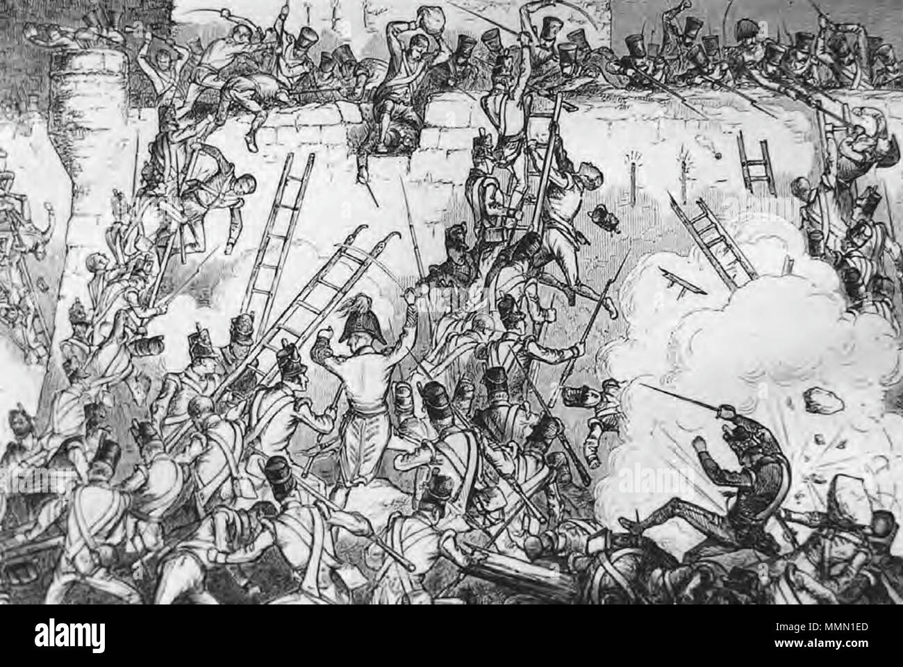 . Anglais : Tentative d'infanterie britannique à grande échelle les murs de Badajoz, le site de l'un de plusieurs sièges horribles menées pendant la Guerre Péninsulaire. . 19e siècle. Inconnu 75 Bataille de Badajoz Banque D'Images