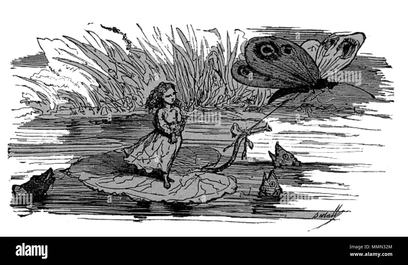 . English : Pour la voir-source : fr:400000:Contes d'Andersen Vignette de La Petite Poucette par Bertall représentant la petite Poucette et le papillon blanc. Polski : Ilustracja Calineczki Dziecięcia-lub elfów - baśni Hansa Christiana Andersena Bertall 82 mauvais La Petite Poucette1 Banque D'Images